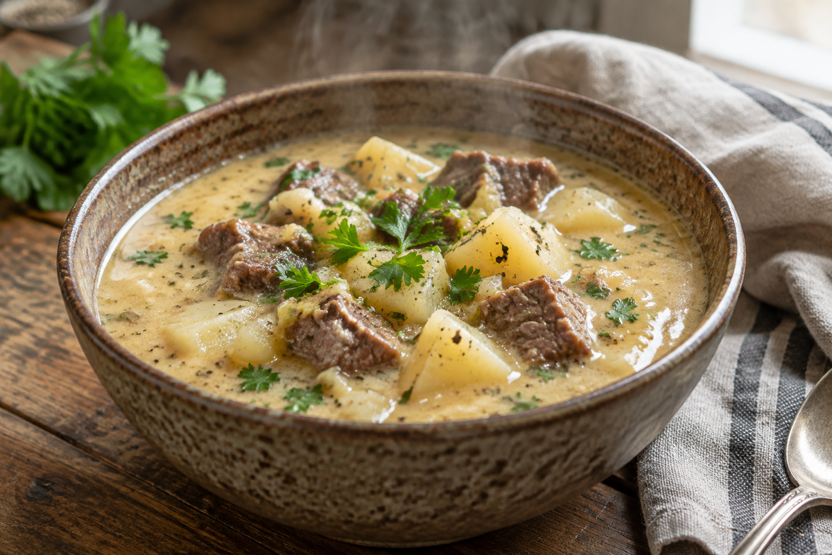Bowl of hearty steak and potato soup with tender beef and creamy potatoes, garnished with parsley