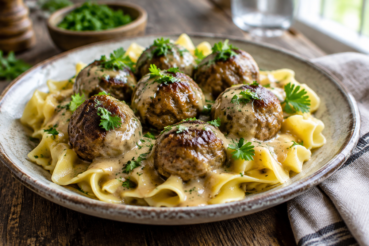 Hearty Swedish meatballs in creamy gravy garnished with parsley over egg noodles, classic swedish meatballs dish