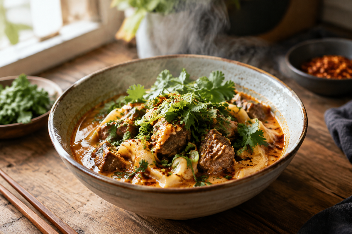 Hearty TikTok recipe bowl garnished with fresh herbs in natural light