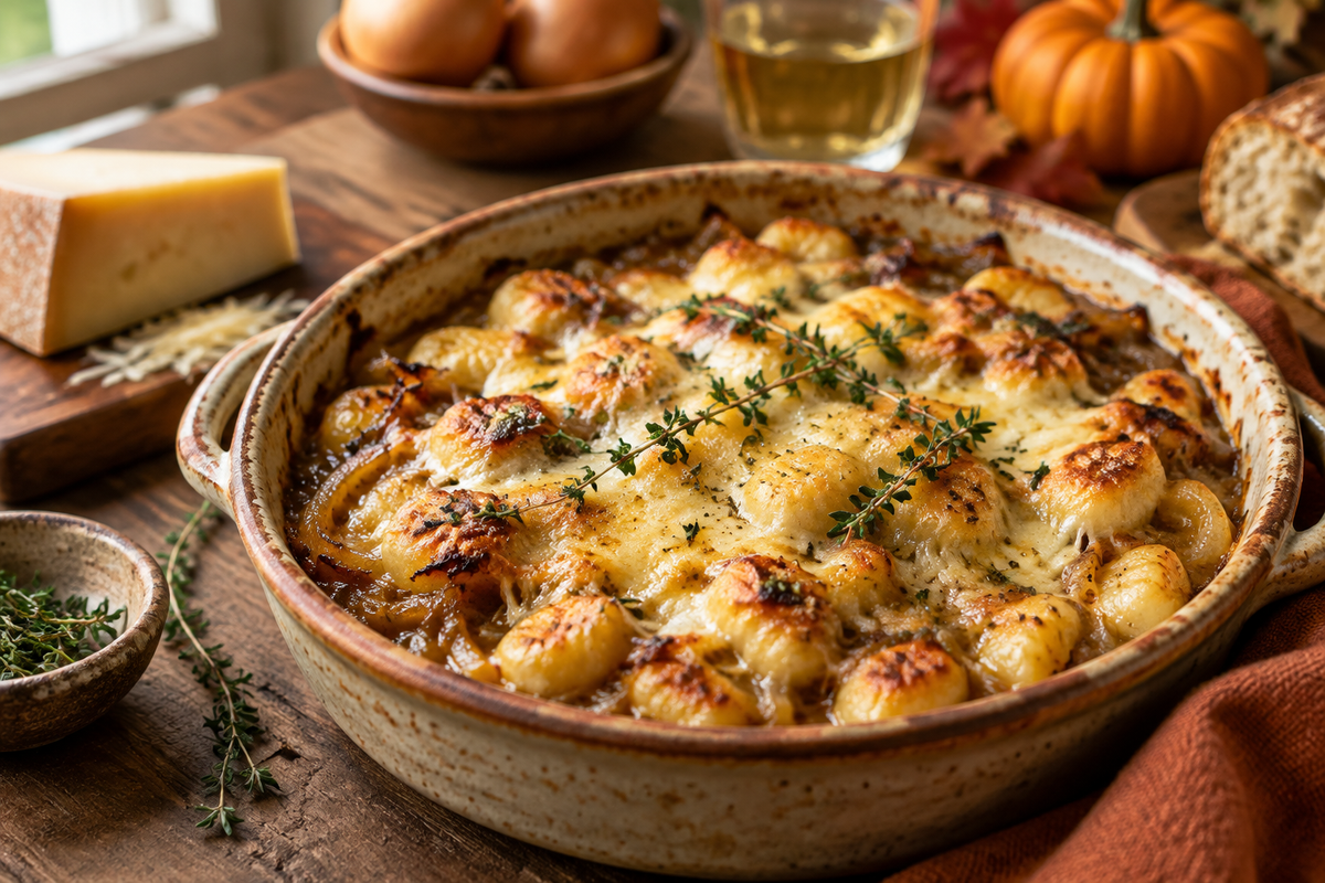 Baked French onion gnocchi in a rustic dish topped with melted cheese and fresh thyme garnish