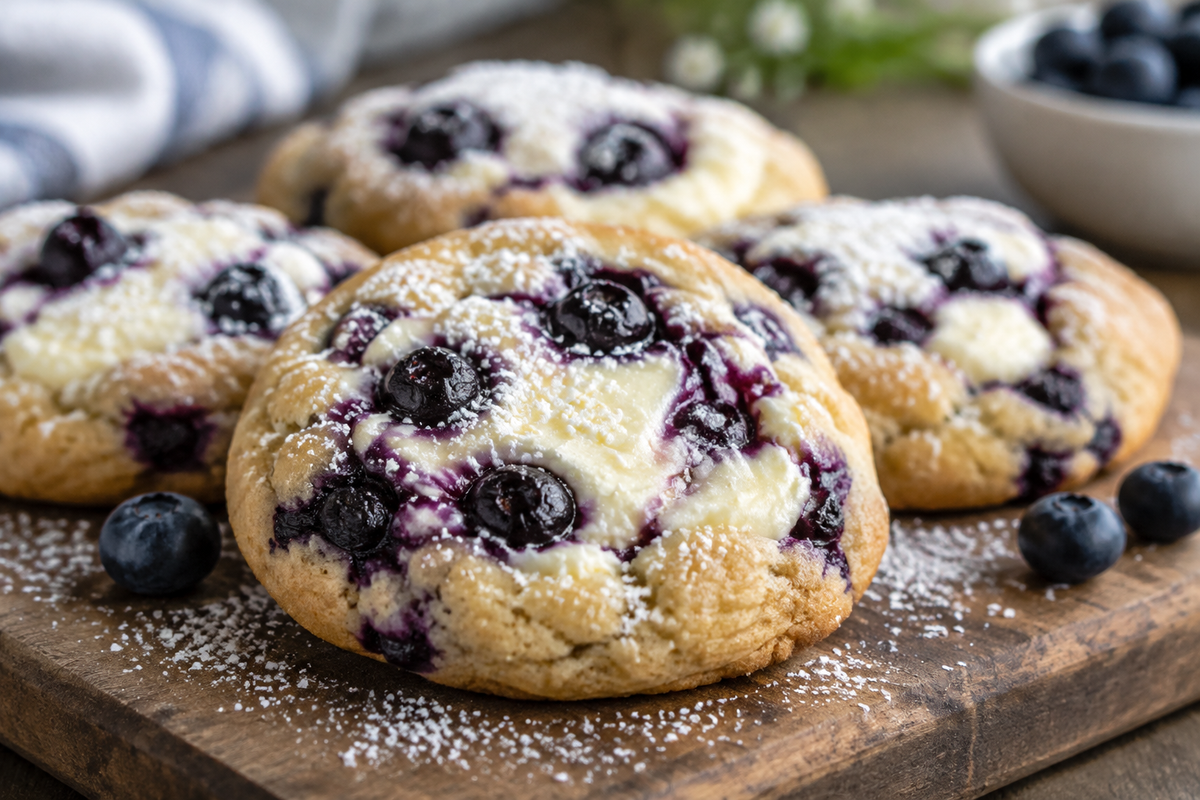 Heavenly blueberry cheesecake cookies with creamy cheese and juicy berries stacked on a wooden board