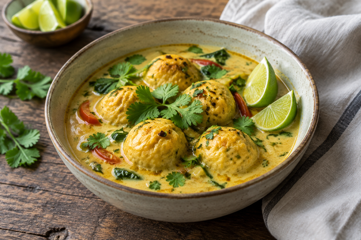 Heavenly coconut curry soup with flavorful dumplings in a rustic bowl garnished with cilantro and lime