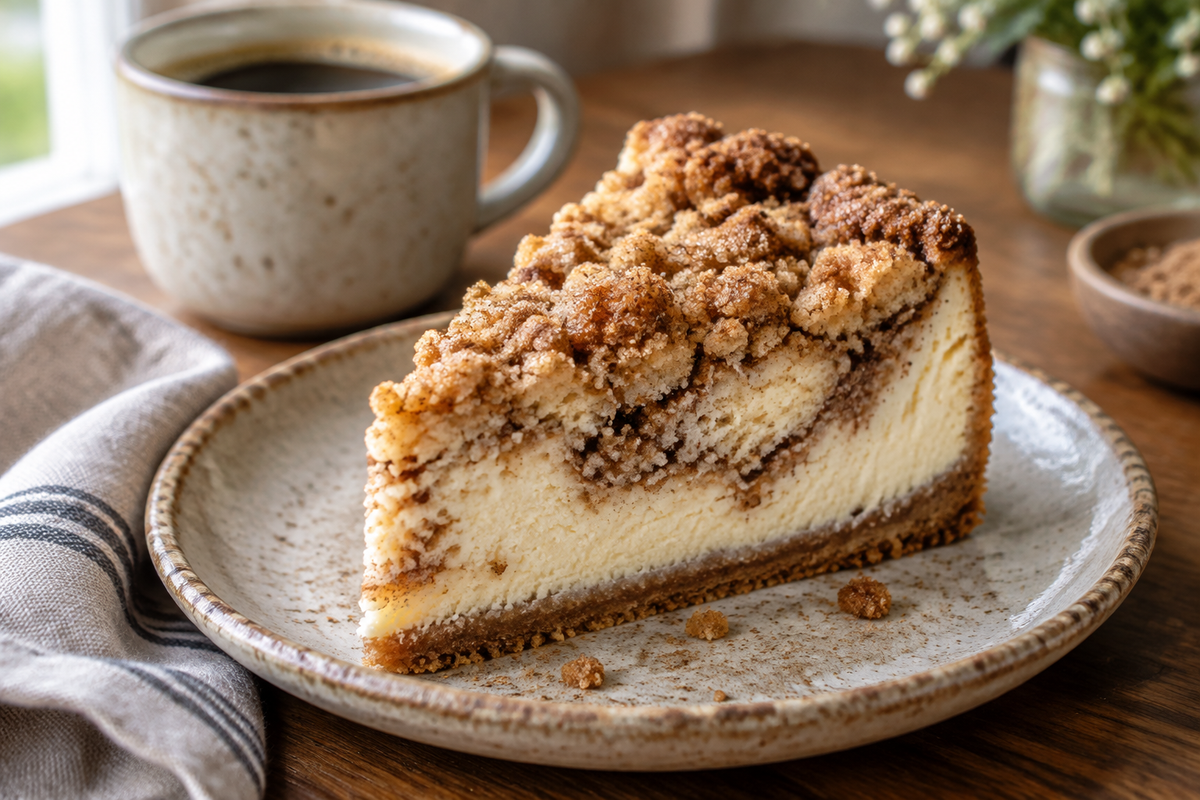 Slice of coffee cake cheesecake with cinnamon sugar crumble on a rustic plate, coffee cake cheesecake dessert