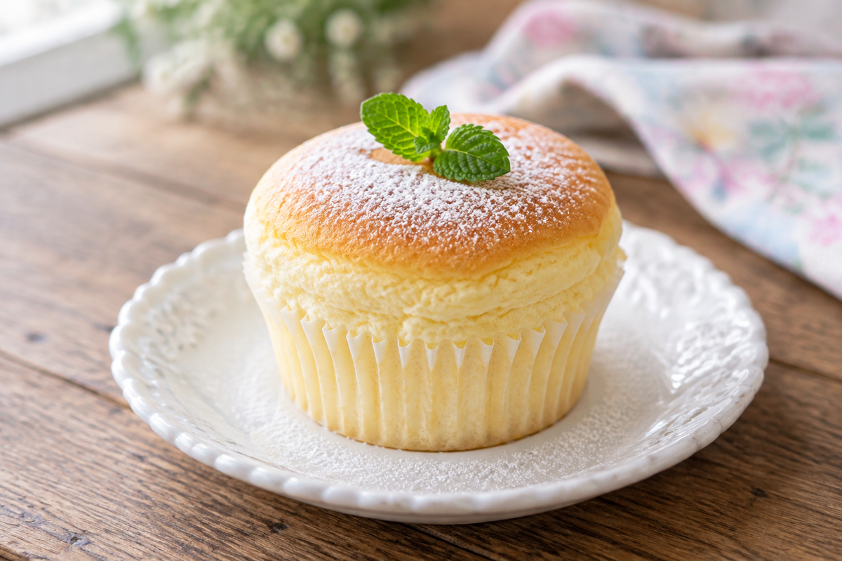 Heavenly Japanese cotton cheesecake cupcake with powdered sugar and mint garnish on a white plate