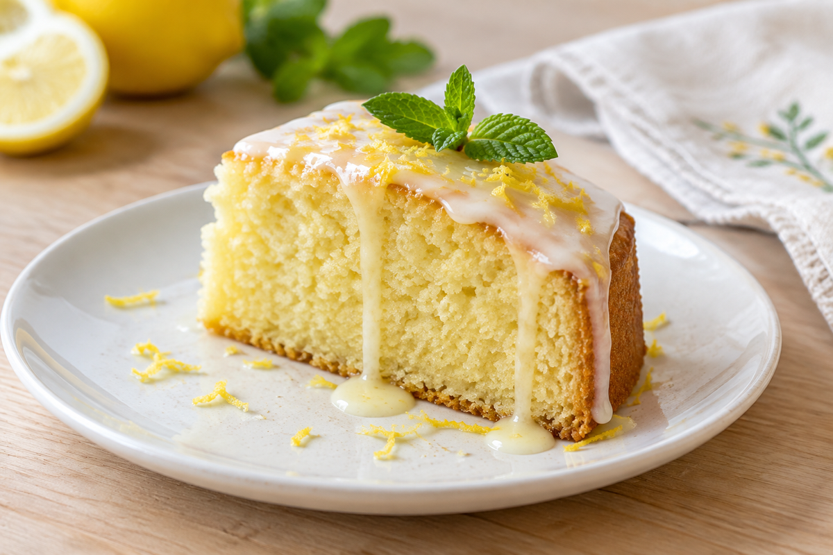 A moist slice of lemon cake glazed and garnished with lemon zest and mint, showcasing the lemon cake recipe
