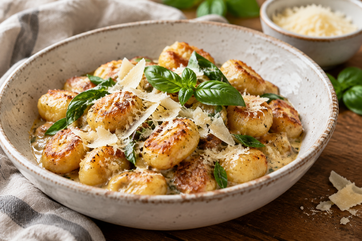 Golden crispy millionaire gnocchi in creamy sauce garnished with basil and Parmesan, showing millionaire gnocchi dish
