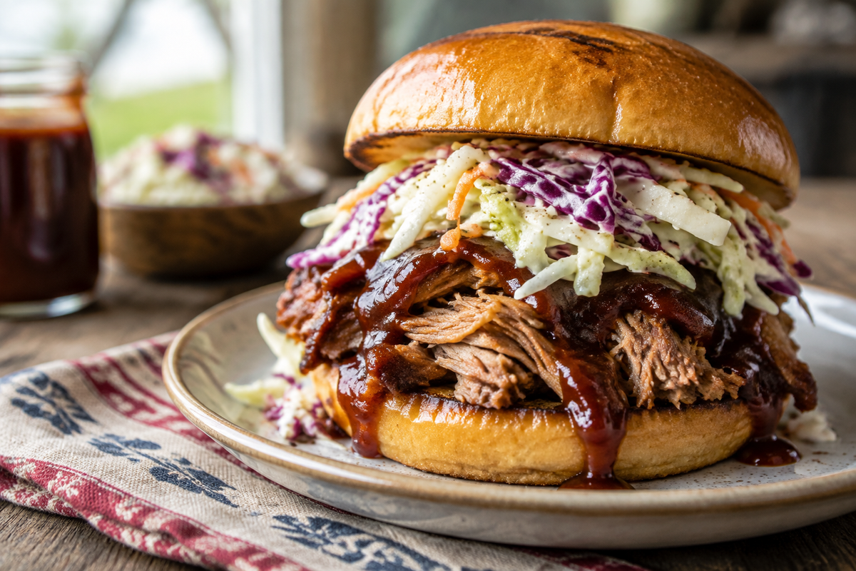 Close-up of a pulled pork bbq stack with layers of tender pork, barbecue sauce, and coleslaw