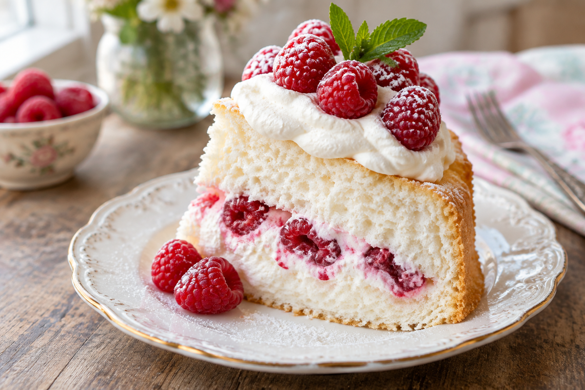 Slice of angel food cake with raspberry cream and fresh raspberries on a white plate, angel food cake dessert