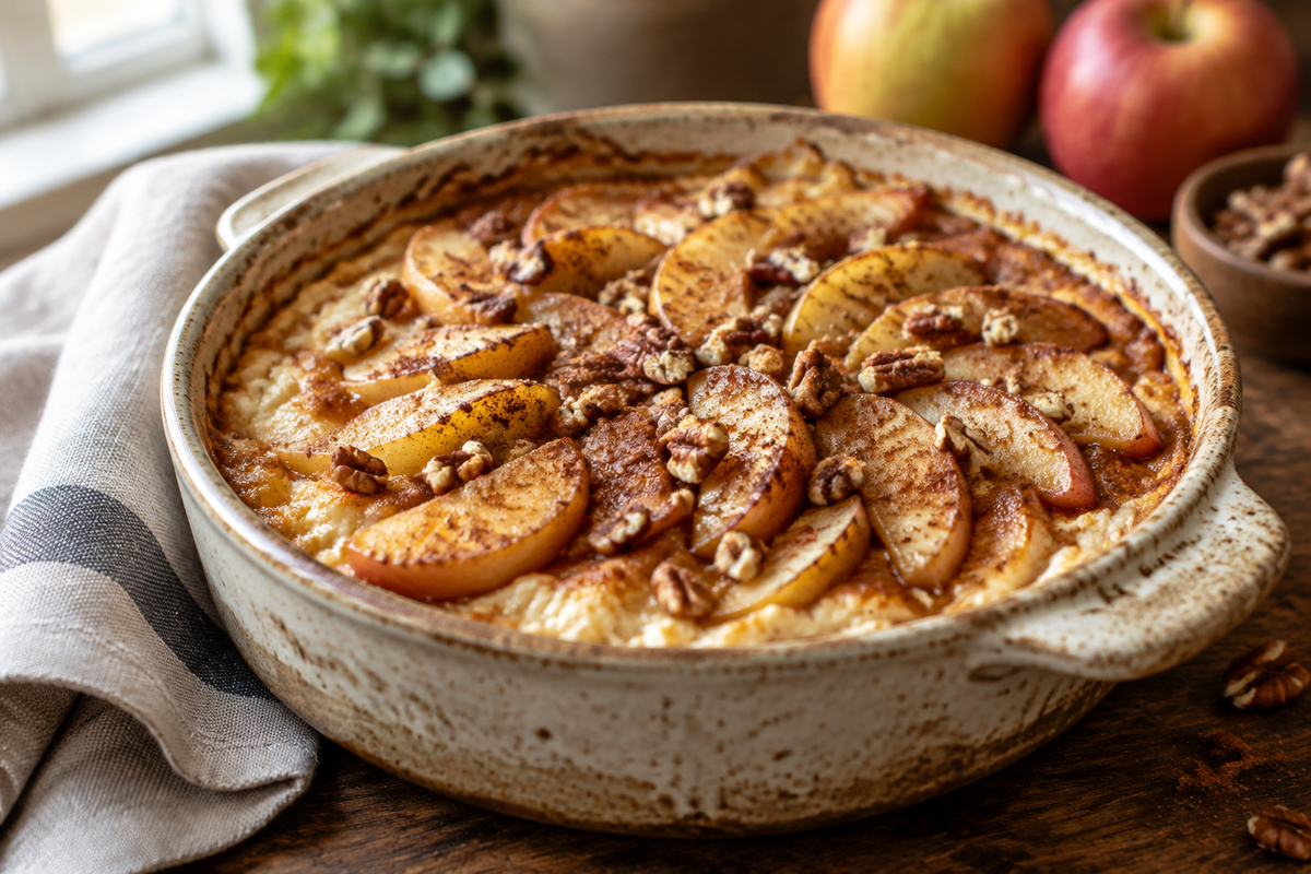 High-protein apple cinnamon cottage cheese bake fresh out of the oven with cinnamon and apple topping