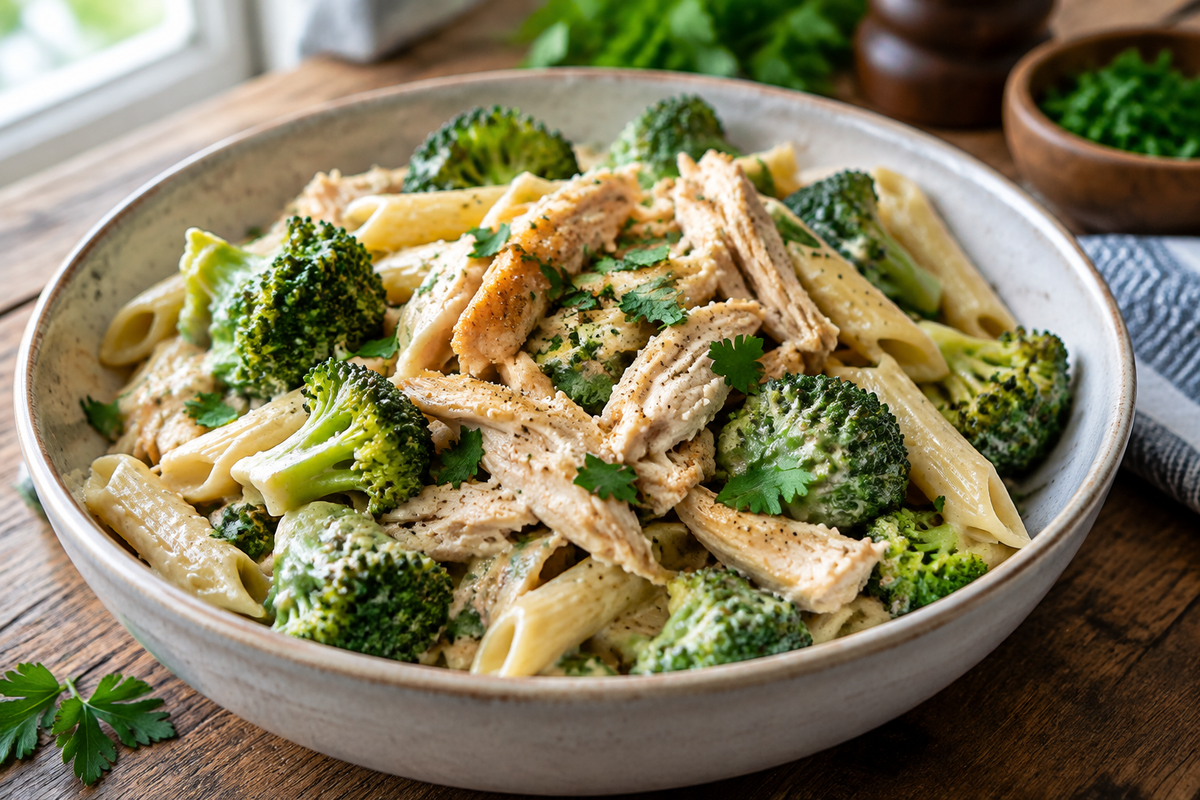 High protein pasta with rotisserie chicken and broccoli in a creamy sauce, garnished with parsley