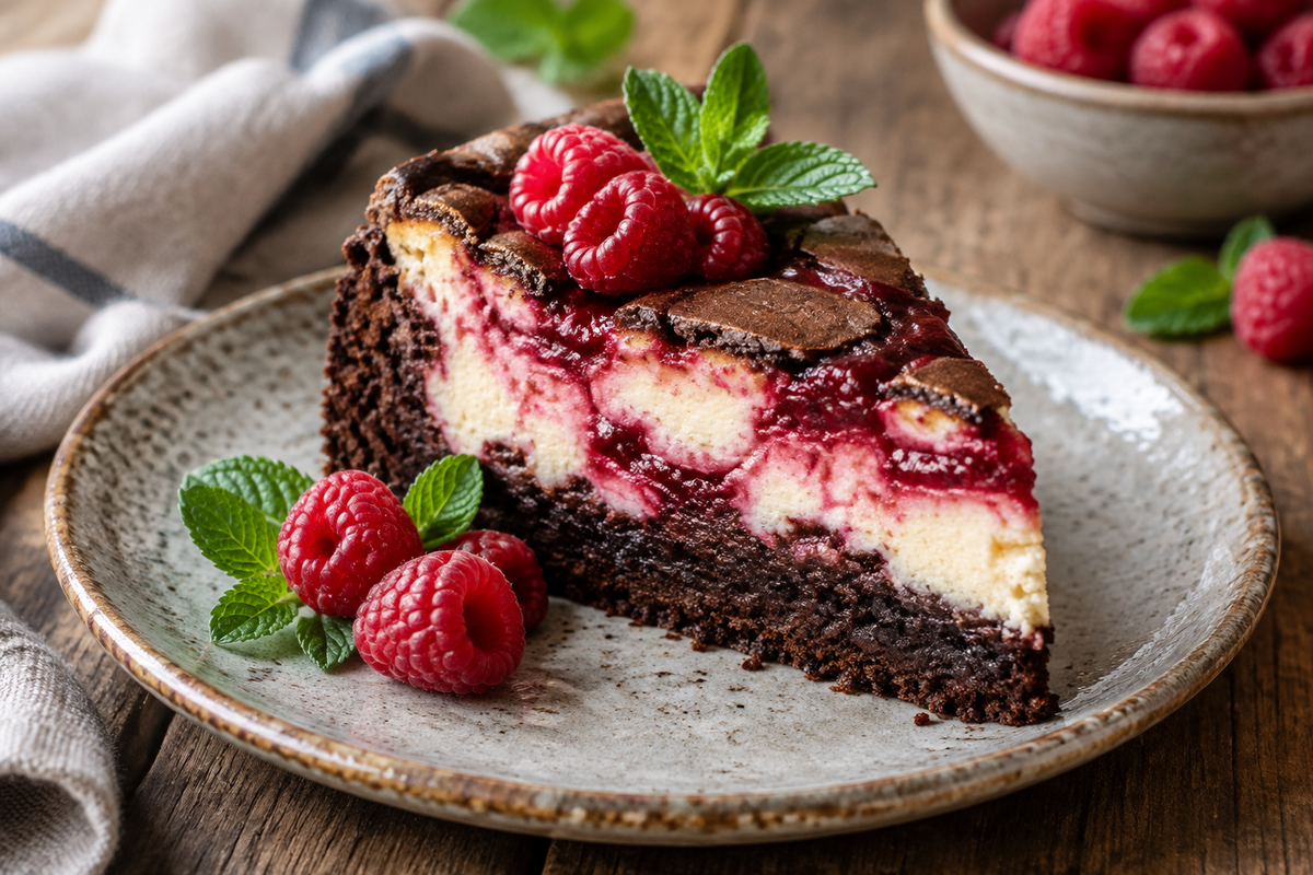 Slice of himbeer brownie cheesecake with fresh raspberries and mint garnish