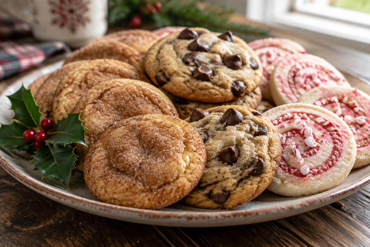 Plate of assorted holiday cookie recipes including cinnamon sugar, chocolate chip, and peppermint swirl cookies