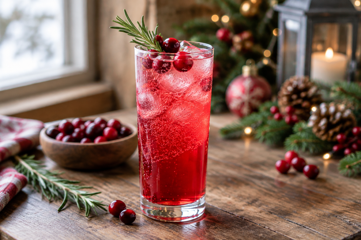 Holiday cranberry fizz mocktail in a tall glass garnished with cranberries and rosemary