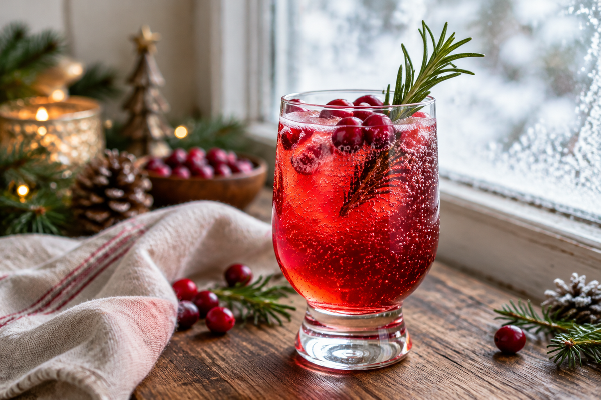 Holiday cranberry fizz mocktail in a glass with fresh cranberries and rosemary garnish
