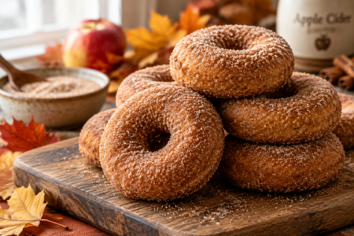 Freshly made apple cider donuts dusted with cinnamon sugar on rustic board, apple cider donuts