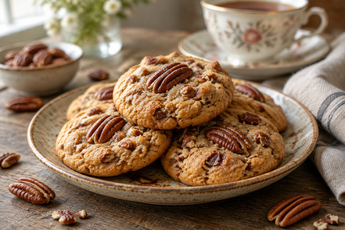 Golden homemade butter pecan cookies stacked on a rustic plate with toasted pecans, perfect butter pecan cookies tea time treat