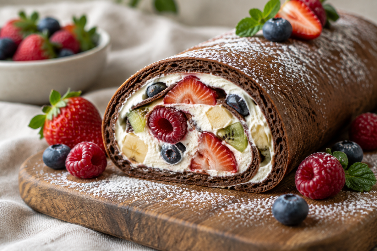 Chocolate pancake roll with creamy filling and fresh fruits, showcasing a quick creamy delight