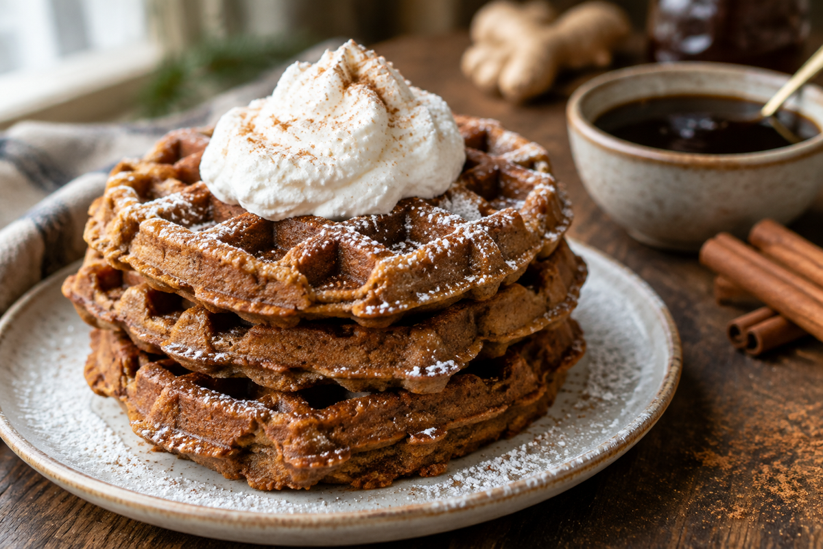 Stack of homemade gingerbread waffles with whipped cream, showcasing gingerbread waffles in warm natural light