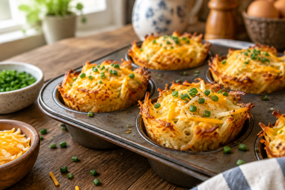 Golden crispy hash brown breakfast cups garnished with chives and cheese, perfect hash brown breakfast cups