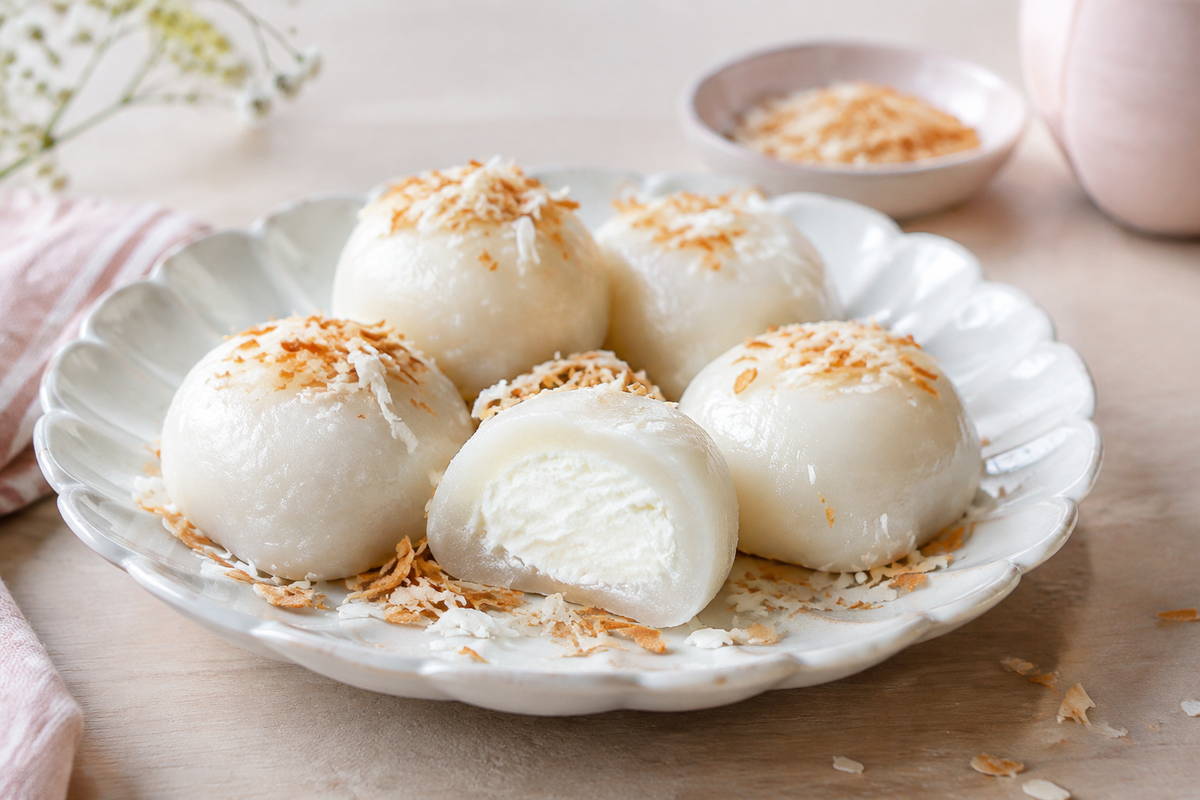 Soft and chewy homemade milk mochi balls with toasted coconut garnish, showcasing milk mochi texture
