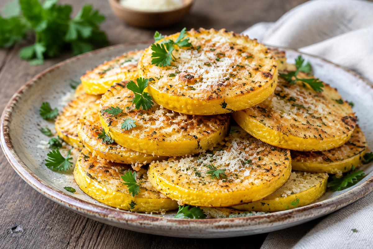 Golden parmesan baked yellow squash slices garnished with parsley and parmesan cheese
