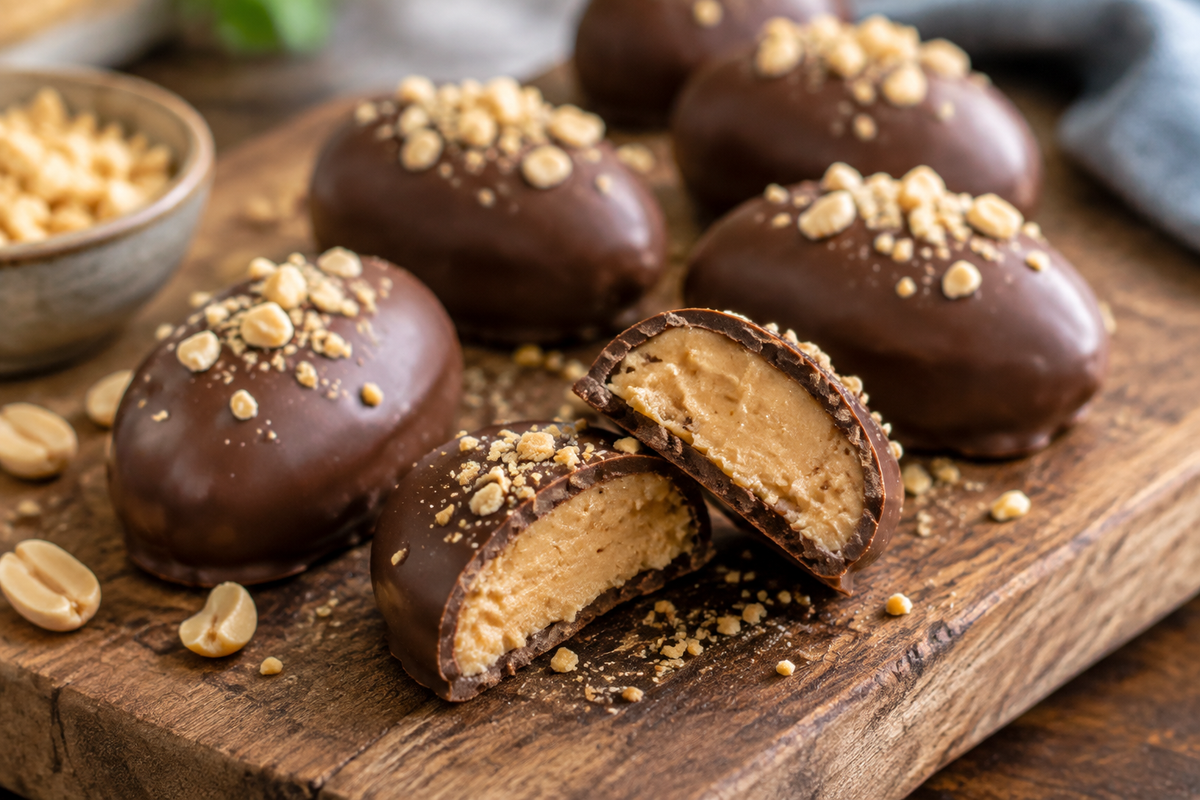 Homemade peanut butter eggs with creamy centers and chocolate coating on rustic board