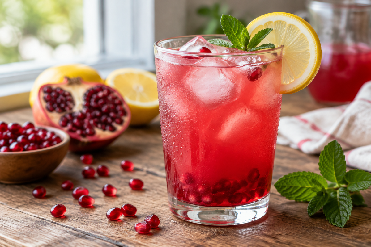 Refreshing glass of homemade pomegranate lemonade with lemon slice and mint garnish