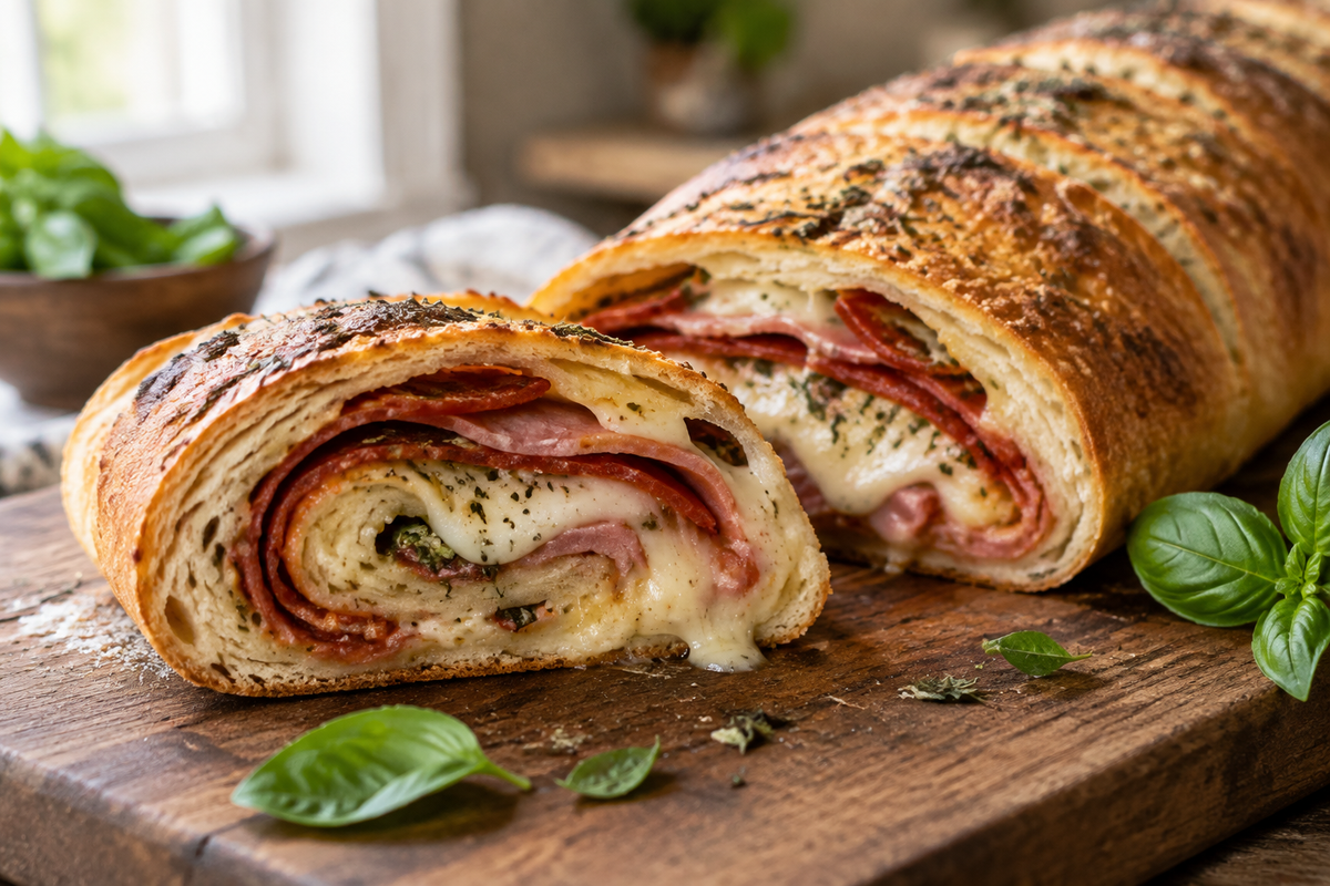 Homemade sourdough stromboli sliced open with melted cheese and savory fillings visible
