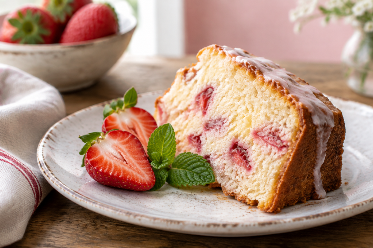 Delicious homemade strawberry pound cake slice garnished with fresh strawberries and mint, showcasing strawberry pound cake