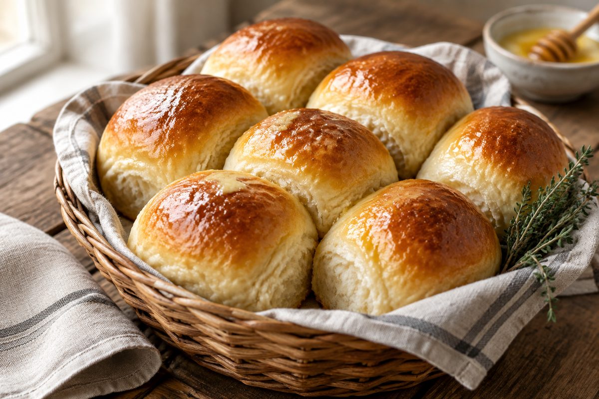 Homemade sweet dinner rolls in a basket with honey glaze, soft and fluffy texture