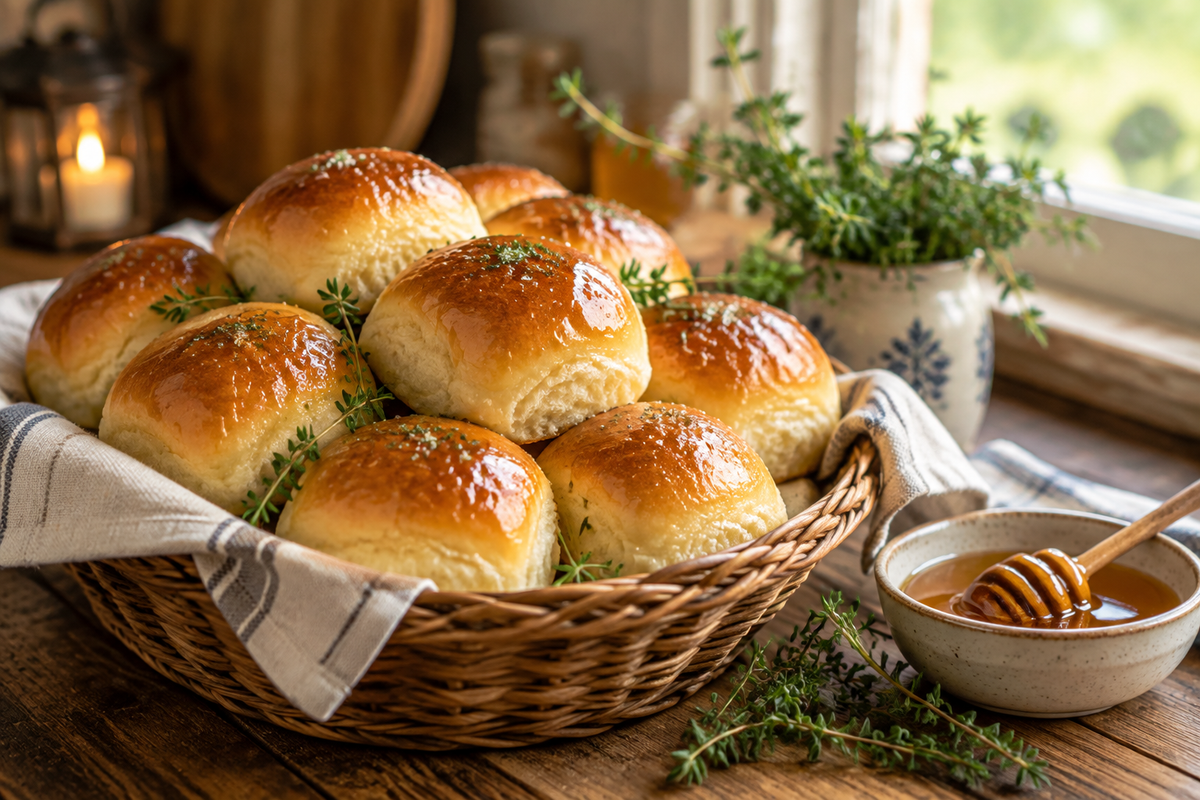 Golden homemade sweet dinner rolls with honey glaze on rustic wooden table
