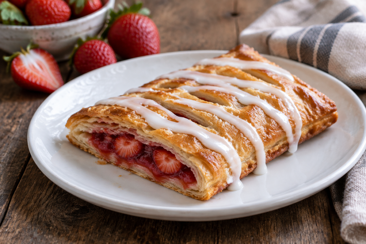 Homemade toaster strudel with flaky crust and strawberry filling drizzled with icing