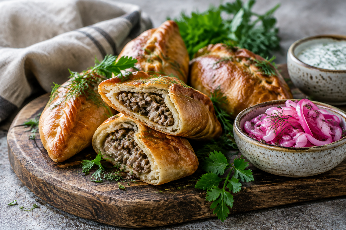 Golden Russian meat hand pies served with quick pickled onions and fresh herbs, showcasing meat hand pies