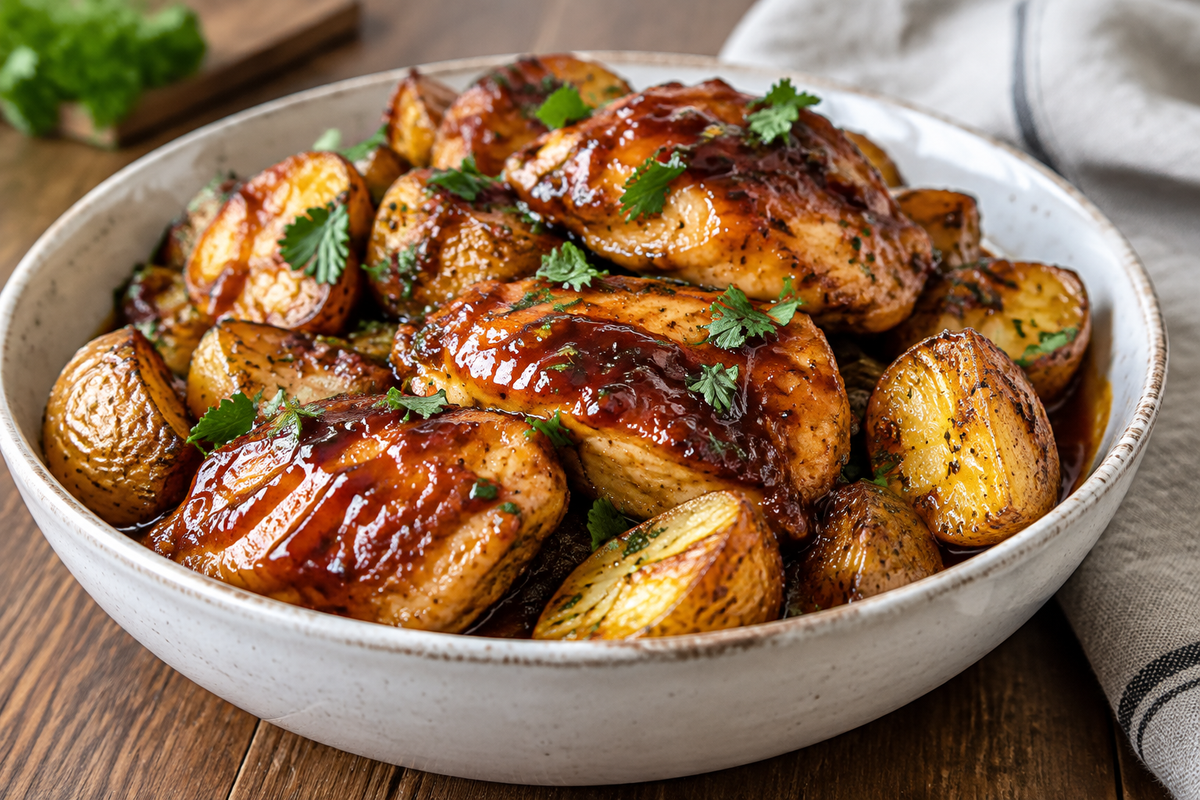 Honey BBQ chicken potatoes served in a bowl with fresh parsley garnish, showcasing honey bbq chicken potatoes