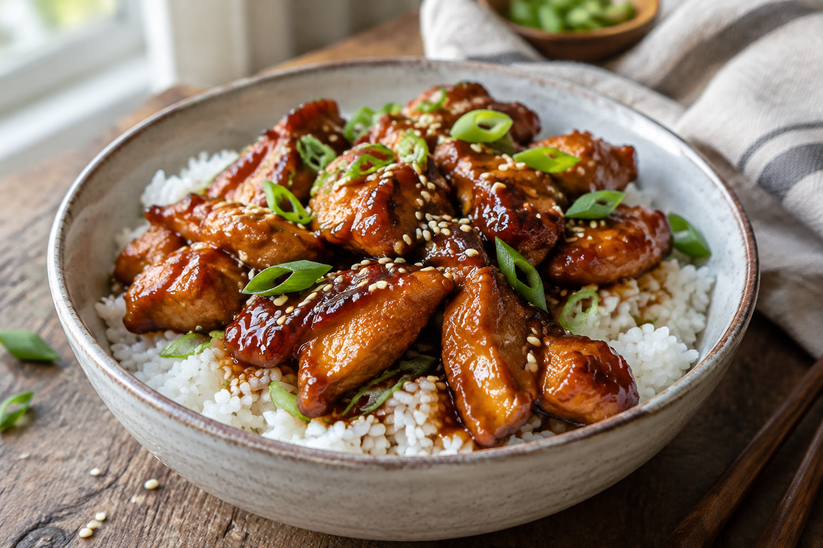 Honey BBQ chicken rice with glazed chicken, green onions, and sesame seeds in a bowl