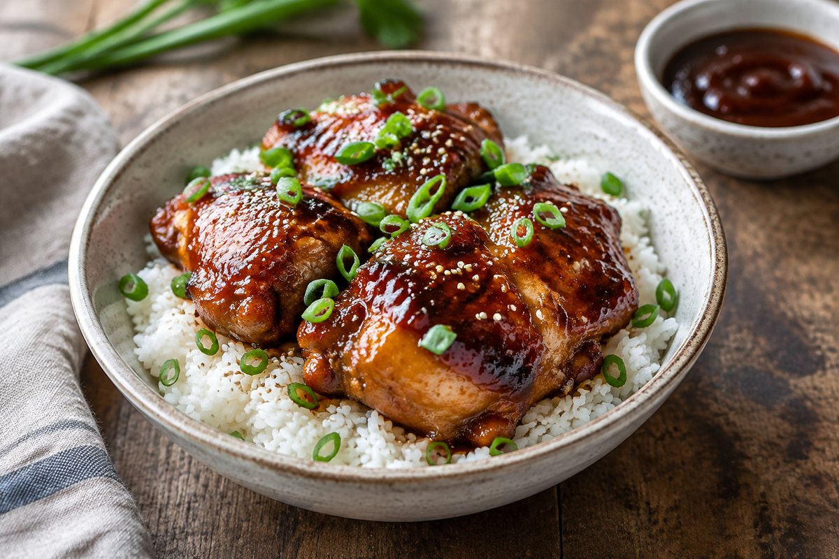 Honey BBQ chicken rice bowl with glazed chicken, white rice, green onions, and sesame seeds, showcasing honey bbq chicken rice