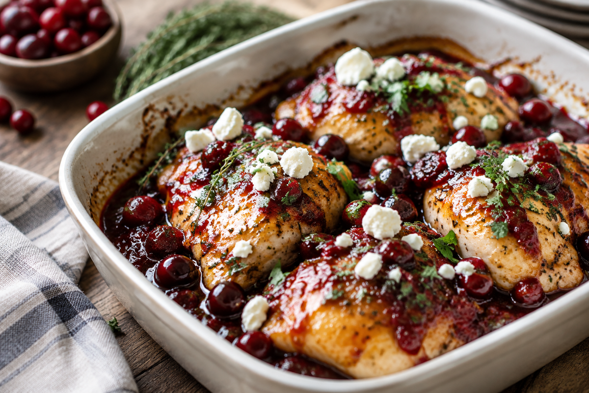 Honey cranberry chicken bake topped with crumbled feta cheese and fresh herbs, ready to serve