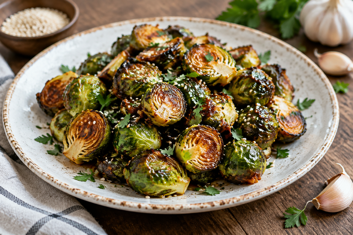 Honey garlic Brussels sprouts roasted to crispy perfection, garnished with sesame seeds and parsley
