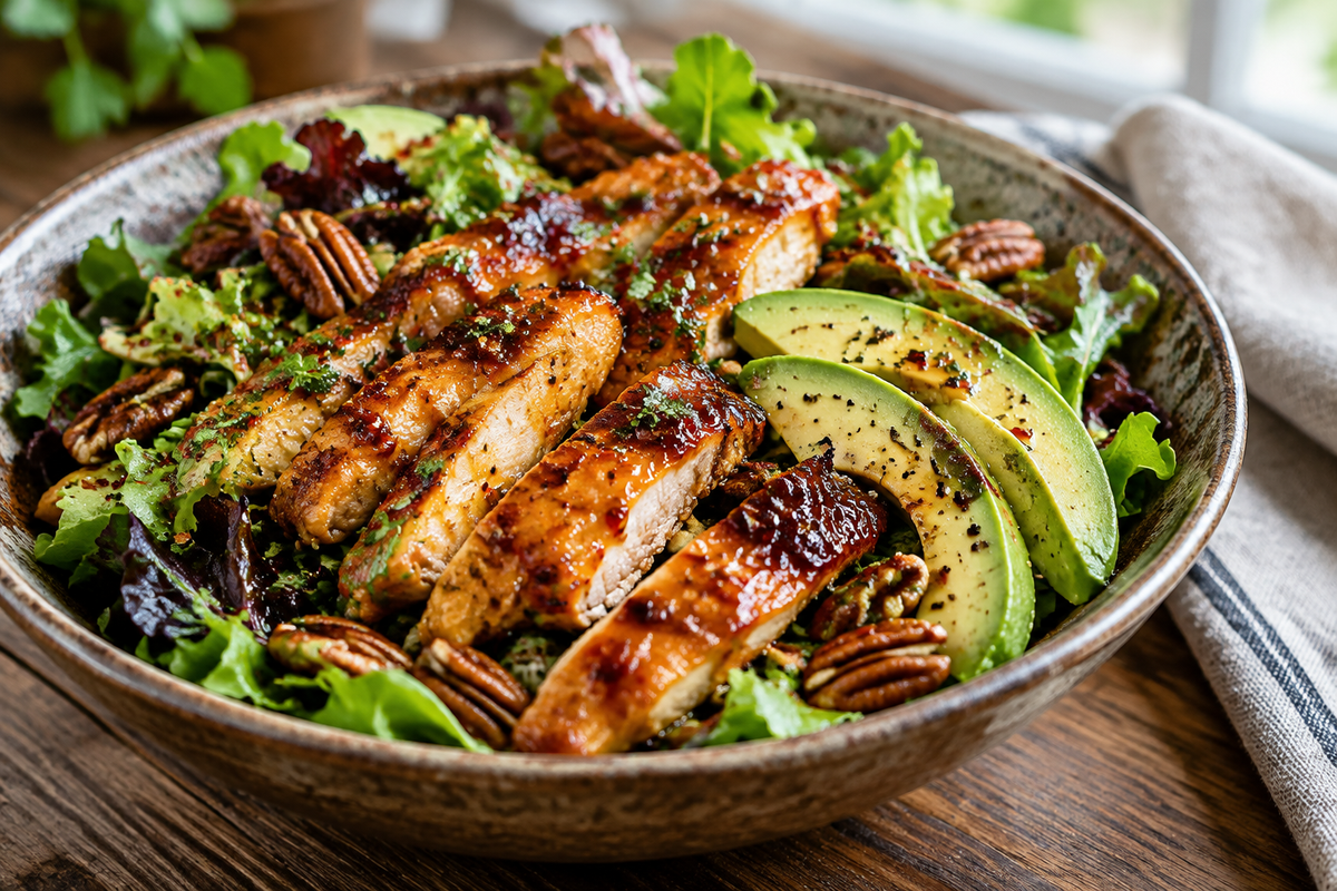 Honey hot chicken salad with glazed chicken, greens, avocado, and pecans in a rustic bowl