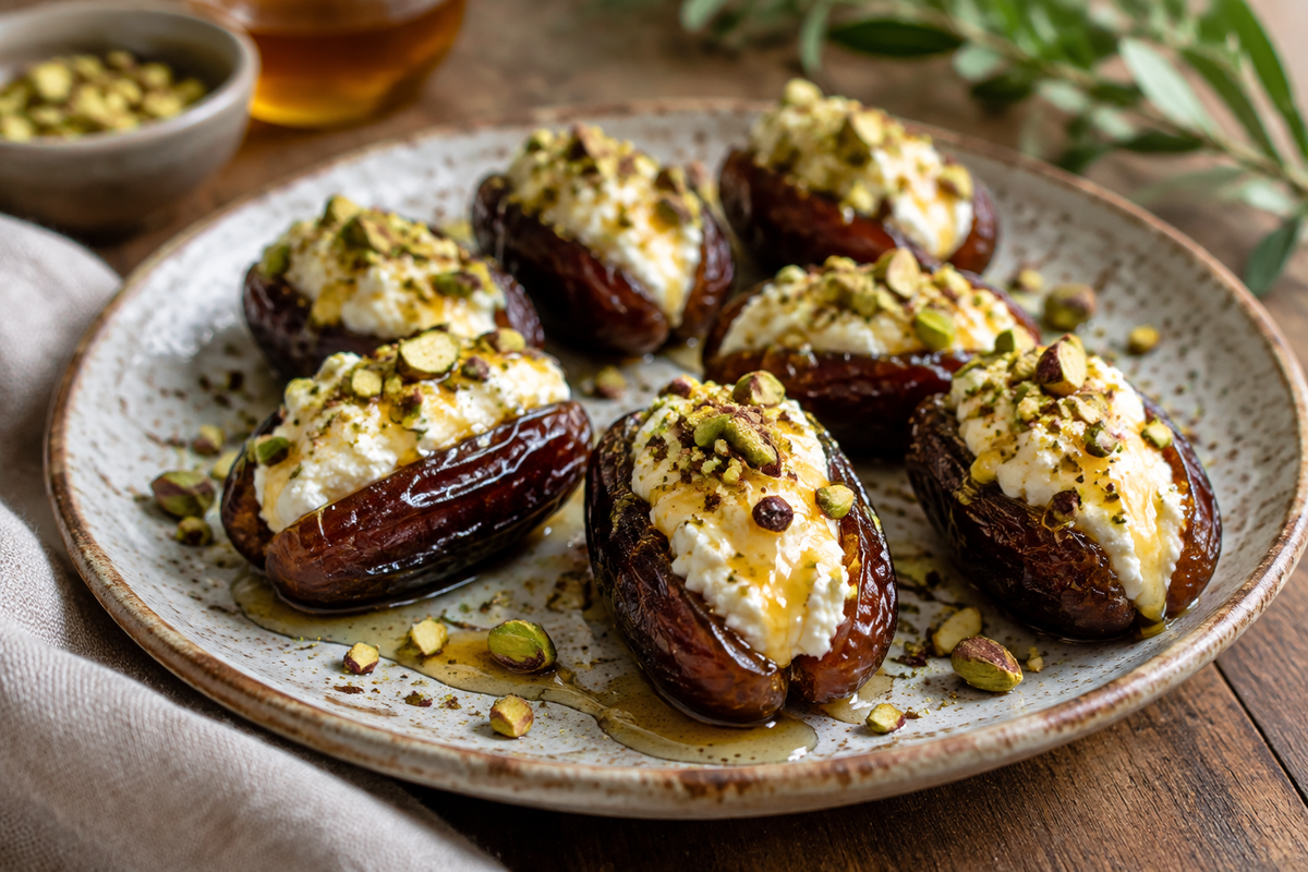 Honey pistachio ricotta stuffed dates on rustic plate garnished with honey and chopped pistachios