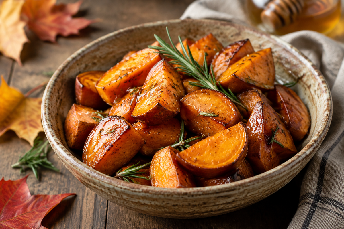 Honey roasted sweet potatoes garnished with rosemary and honey drizzle, perfect Thanksgiving side dish