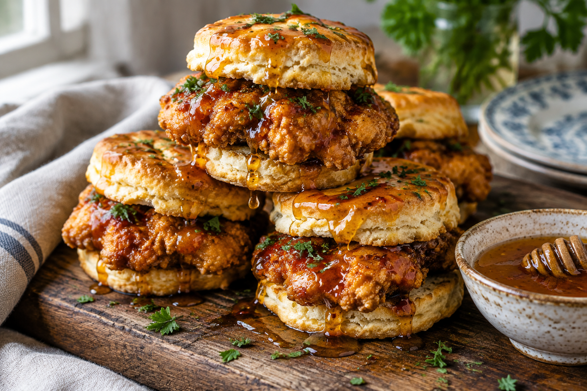 Hot honey chicken biscuits stacked with golden honey drizzle and parsley garnish