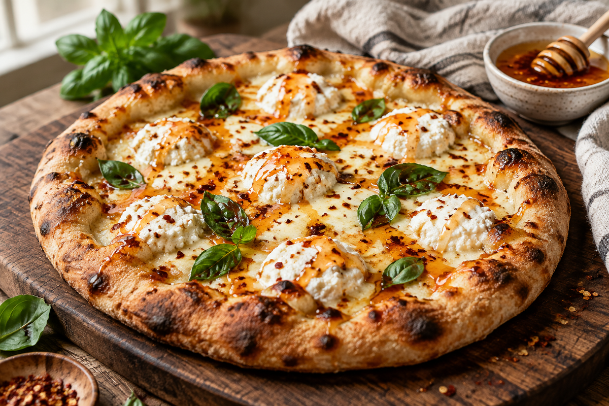 Hot honey ricotta pizza topped with creamy ricotta, hot honey drizzle, basil, and chili flakes on a rustic board