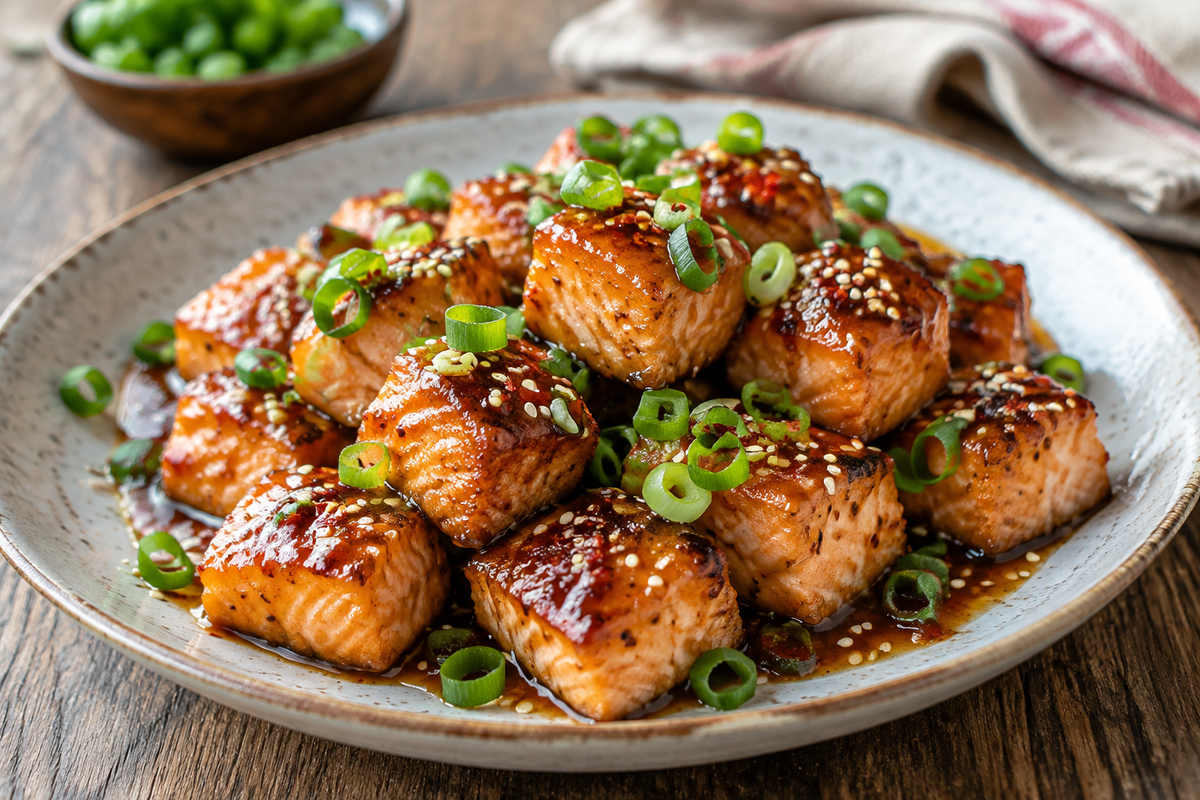 Hot honey salmon bites glazed in spicy sweet sauce garnished with green onions and sesame seeds