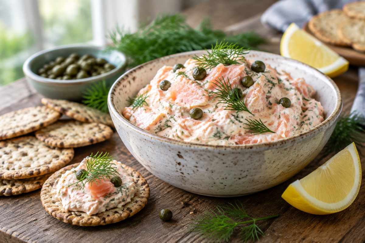 Creamy smoked salmon spread garnished with fresh dill and capers, perfect party dip
