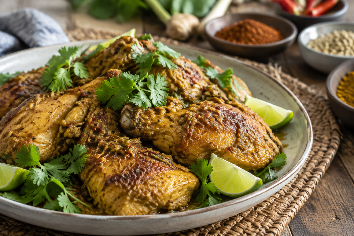 Ina Garten Indonesian chicken plated with fresh cilantro and lime wedges, showcasing golden-brown, spiced chicken