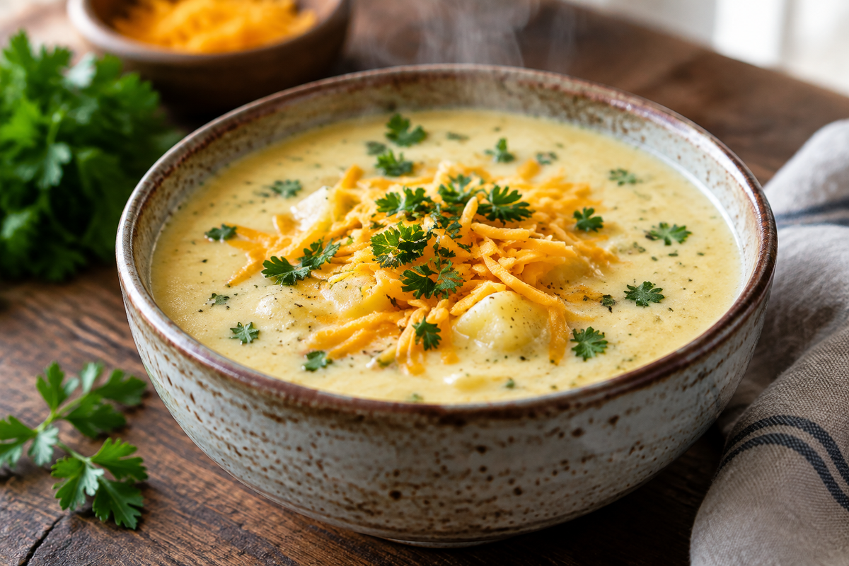 Bowl of cheddar garlic potato soup garnished with fresh herbs and shredded cheddar cheese