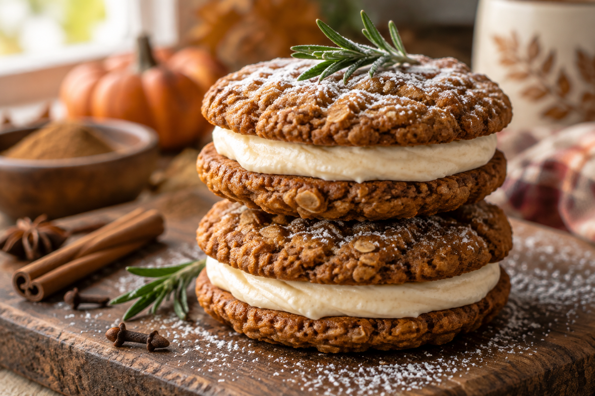 Close-up of gingerbread oatmeal cream pies with creamy filling and powdered sugar garnish