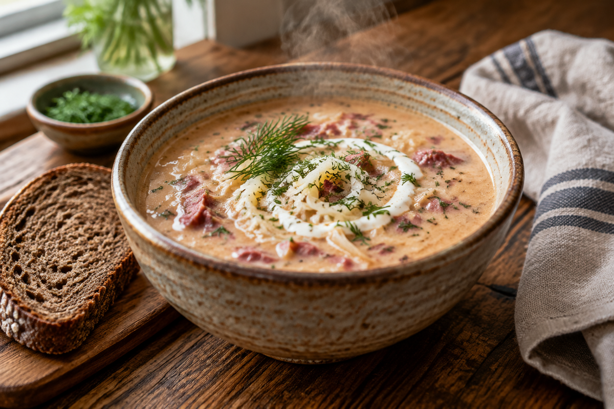 A bowl of creamy Reuben soup garnished with dill and sour cream, highlighting creamy reuben soup comfort food