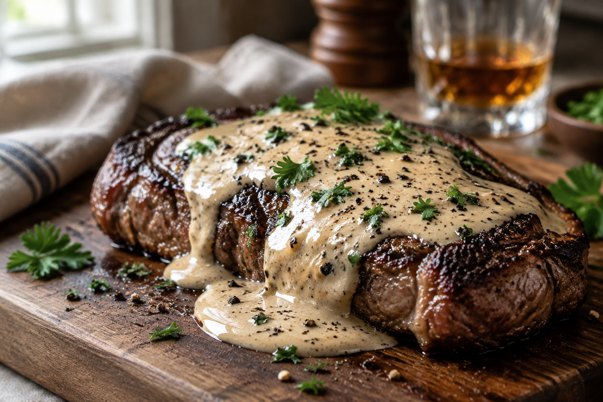 Rich whiskey cream sauce drizzled over steak with parsley garnish, showcasing whiskey cream sauce